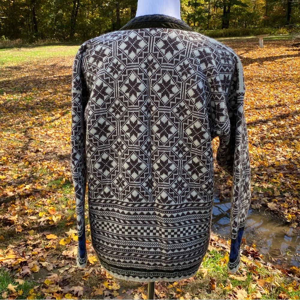 OLEANA NORWAY SWEATER CARDIGAN BROWN CREAM BLUE FAIR ISLE WOOL SQUARE NECK S - Picture 8 of 11